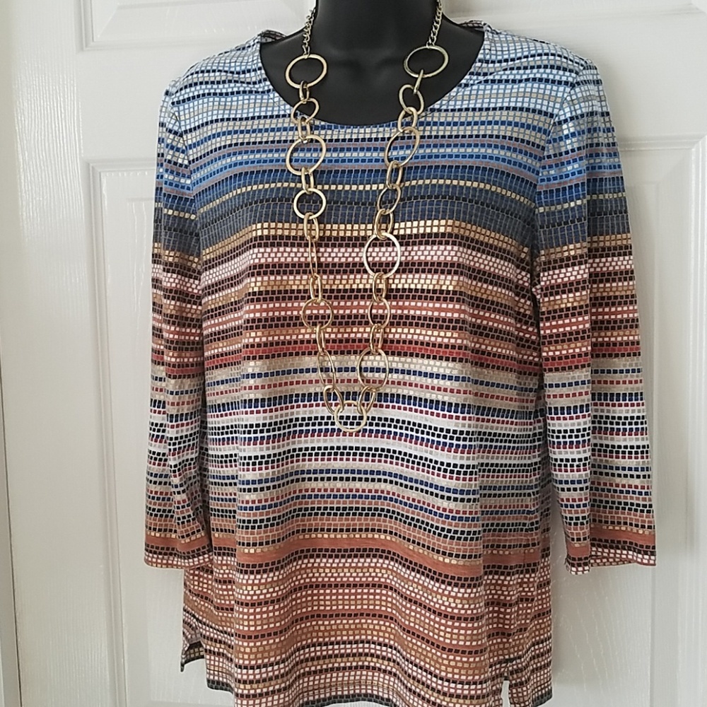 Chico's, 0145, multi-color tee, Denim, Rust and Gold, Size  S